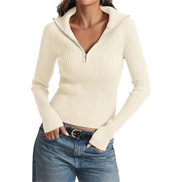 Women's Half Zip Pullover Sweater - V-Neck Collared Long Sleeve Ribbed Knit - Picture 2 of 7